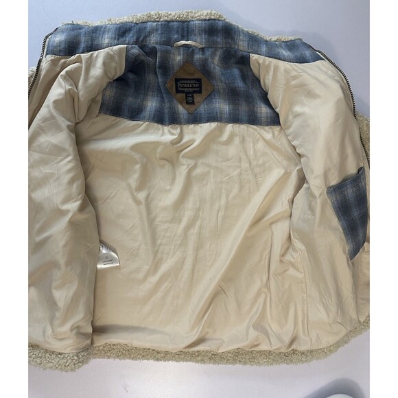 Women’s Pendleton Fleece Jacket M Full Zip Beige Sherpa Coat Blue Plaid Accent - Picture 4 of 8